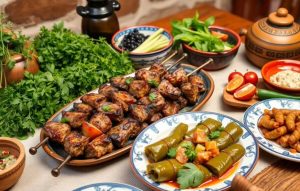 Armenian traditional dishes on a table- khorovats, dolma