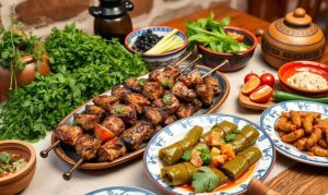 Armenian traditional dishes on a table- khorovats, dolma