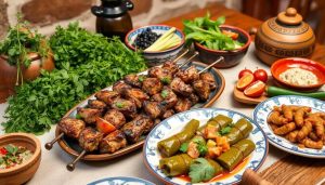 Armenian traditional dishes on a table- khorovats, dolma