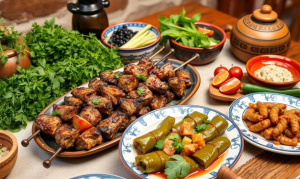 Armenian traditional dishes on a table- khorovats, dolma