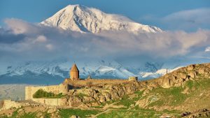 Khor Virap Monastery with snow-covered Mount Ararat rising in the background